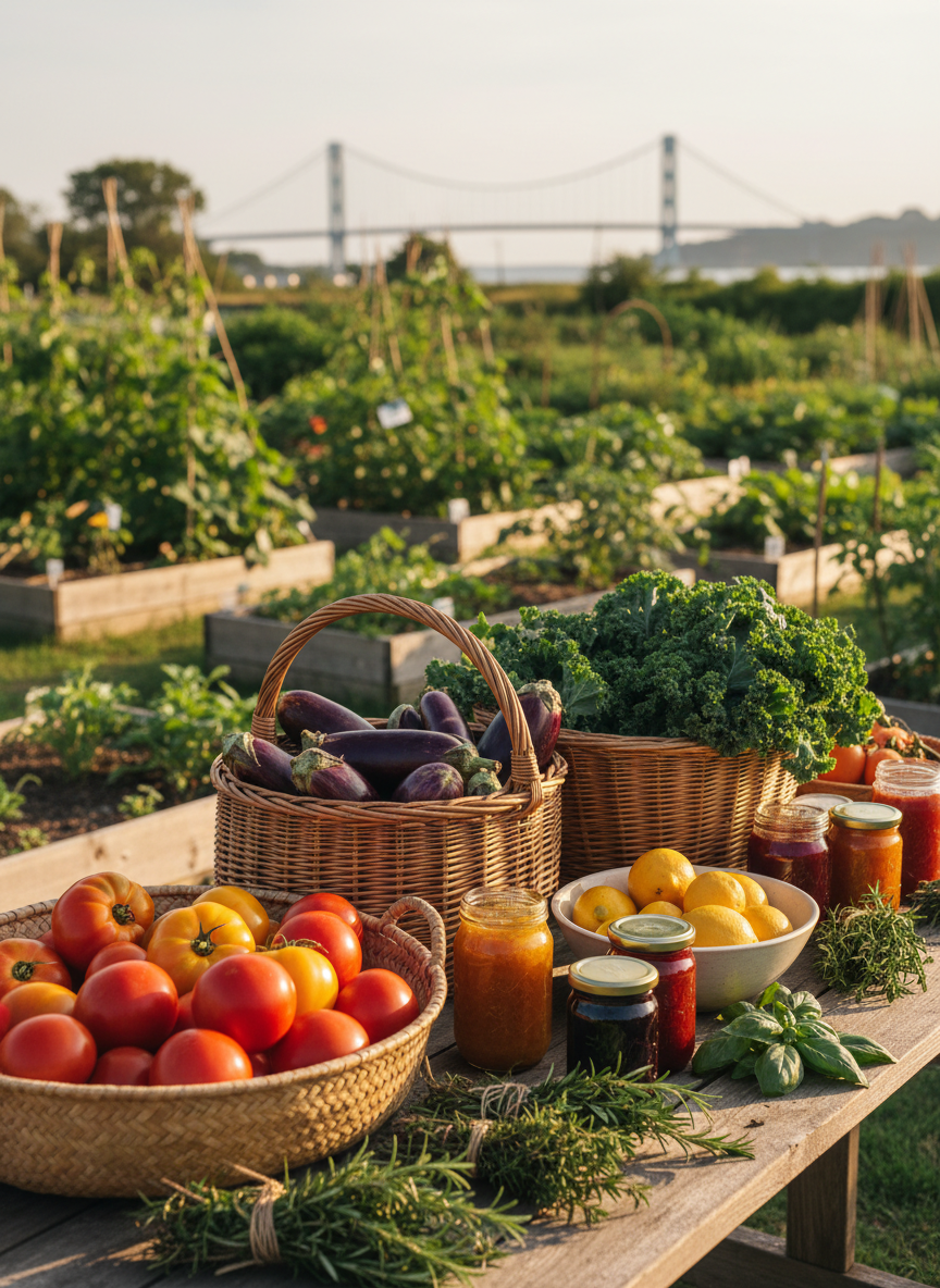 A colorful outdoor harvest swap table overflowing with woven baskets of ripe tomatoes, glossy eggplants, curly kale, sun-bright lemons, jars of jewel-toned jams, and bundles of herbs tied with twine. The table, made of weathered wood, sits in a small Staten Island community garden with raised beds, trellised beans, and a distant glimpse of the Verrazzano-Narrows Bridge blurred in the background. Late afternoon golden hour light casts warm, playful highlights on the produce, creating soft shadows and vivid color contrasts. Photographed at eye level with a shallow depth of field, the focus is crisp on the front baskets while the background melts into gentle bokeh. The mood is welcoming, playful, and neighborly, with a photographic realism and vibrant, organic aesthetic.