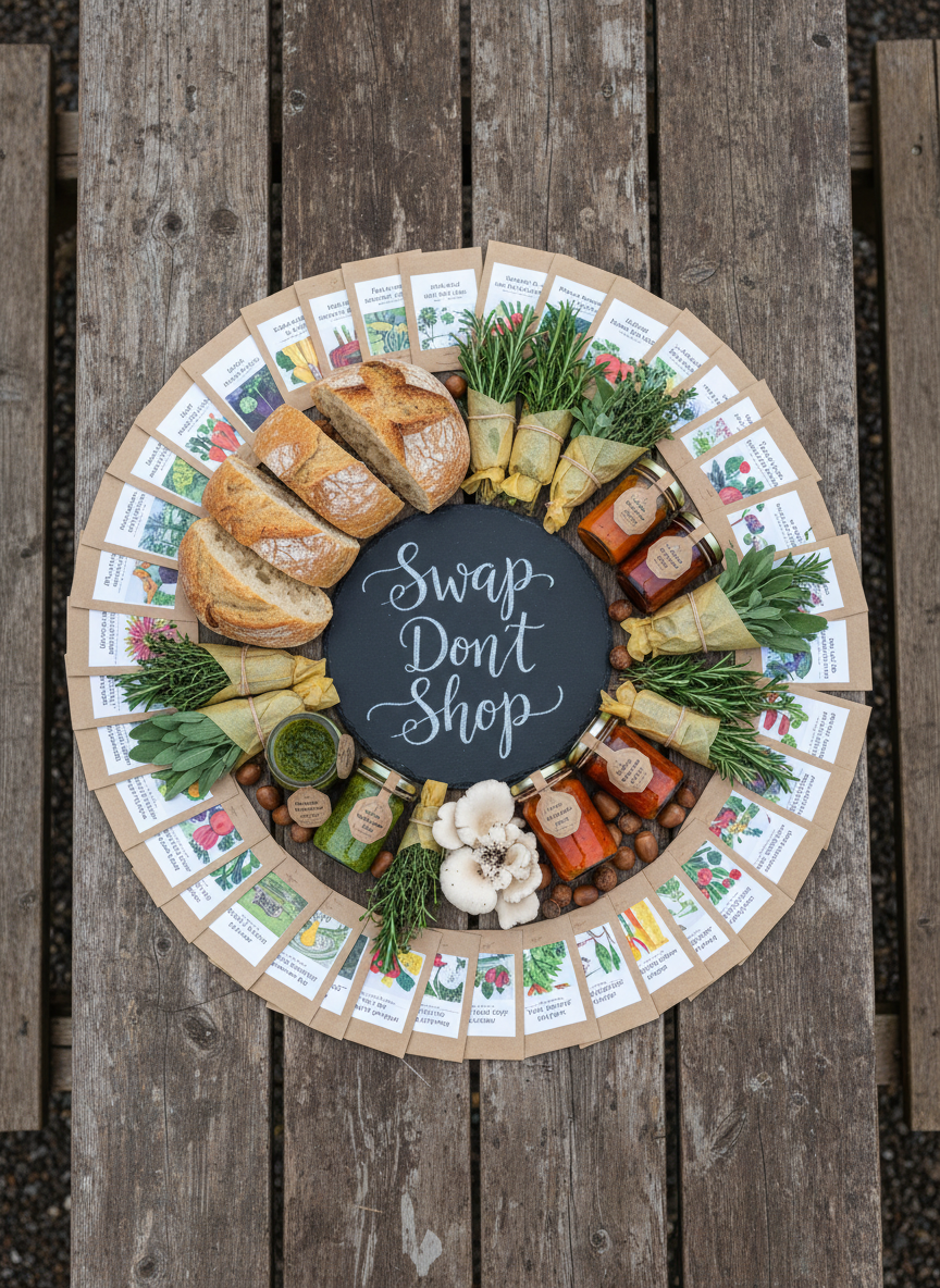 An overhead photographic view of a circular harvest swap arrangement laid out on a rustic picnic table: wedges of crusty sourdough bread, small glass jars of homemade pesto and hot sauce, beeswax-wrapped herb bundles, neatly labeled seed packets, and a few foraged treasures like acorns and oyster mushrooms. Each item is arranged like a playful mandala, radiating from a central chalkboard that reads “Swap, Don’t Shop” in whimsical handwriting. Soft, even overcast daylight creates minimal shadows, enhancing the colors and textures of wood, glass, paper, and produce. The mood is inventive and collaborative, with a clean, modern-meets-rustic photographic aesthetic. The composition is symmetrical from a bird’s-eye view, showcasing every detail with crisp focus and inviting curiosity about each traded item.
