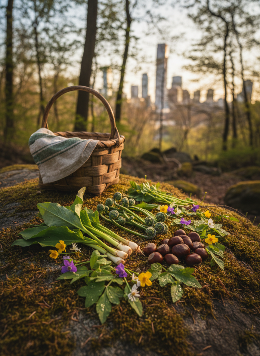 A whimsical Staten Island forager’s haul laid out on a mossy rock in a small wooded park clearing: carefully arranged ramps, fiddlehead ferns, glossy chestnuts, and delicate wildflowers set beside a well-worn woven basket with a striped cloth peeking out. In the distance, a hint of urban skyline is barely visible through the trees, slightly blurred. Late afternoon dappled sunlight filters through the canopy, creating lively patterns of light and shadow across the natural textures. Photographed from a low, close angle with the composition using the rule of thirds, the basket is off-center while the foraged items fan out toward the viewer. The mood is adventurous yet gentle, with a playful, nature-loving personality and rich, detailed photographic realism that emphasizes the contrast between wild harvest and city life.