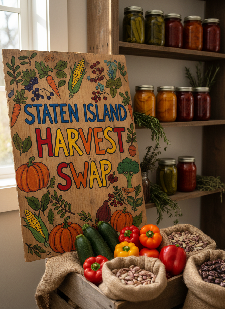 A close-up of a playful harvest swap display sign hand-painted on a reclaimed wooden board, reading “Staten Island Harvest Swap” in bright, uneven lettering, surrounded by doodled vegetables, berries, and leaves. The sign leans against a crate packed with homegrown zucchini, colorful peppers, and speckled heirloom beans spilling from burlap sacks. Behind it, blurred shelves hold neatly labeled mason jars of pickles, chutneys, and dried herbs. Soft, diffused daylight from a nearby window creates gentle reflections on the glass jars and a cozy glow on the wood grain. Shot from a slightly elevated angle in photographic realism, the composition follows the rule of thirds, with the sign dominant and the abundance of homemade goods framing it, evoking a playful, crafty, community-centered atmosphere.