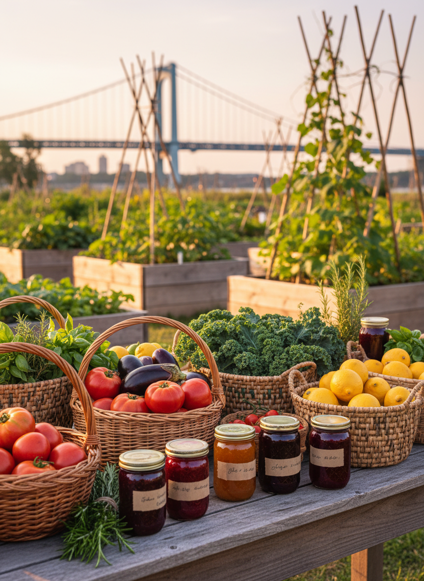 A colorful outdoor harvest swap table overflowing with woven baskets of ripe tomatoes, glossy eggplants, curly kale, sun-bright lemons, jars of jewel-toned jams, and bundles of herbs tied with twine. The table, made of weathered wood, sits in a small Staten Island community garden with raised beds, trellised beans, and a distant glimpse of the Verrazzano-Narrows Bridge blurred in the background. Late afternoon golden hour light casts warm, playful highlights on the produce, creating soft shadows and vivid color contrasts. Photographed at eye level with a shallow depth of field, the focus is crisp on the front baskets while the background melts into gentle bokeh. The mood is welcoming, playful, and neighborly, with a photographic realism and vibrant, organic aesthetic.