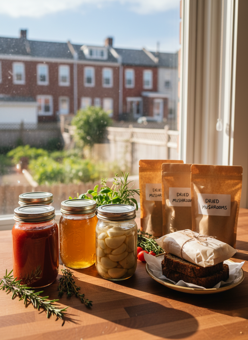 A cozy Staten Island kitchen counter transformed into a harvest swap staging area, with a polished butcher-block surface covered in neatly arranged containers of homemade foods. There are clear glass jars of ruby-red tomato sauce, amber honey, and creamy pickled garlic, alongside parchment-wrapped banana bread slices and labeled brown paper bags of dried mushrooms. A window behind the counter reveals a blurry hint of row houses and a tiny backyard garden. Warm late-morning sunlight streams through, casting playful highlights on jar lids and soft shadows from herb sprigs scattered across the counter. Captured at a three-quarter angle with shallow depth of field, the foreground jars are in crystal-clear focus while the cityscape background blurs. The mood is homey, playful, and resourceful, in vivid photographic realism.