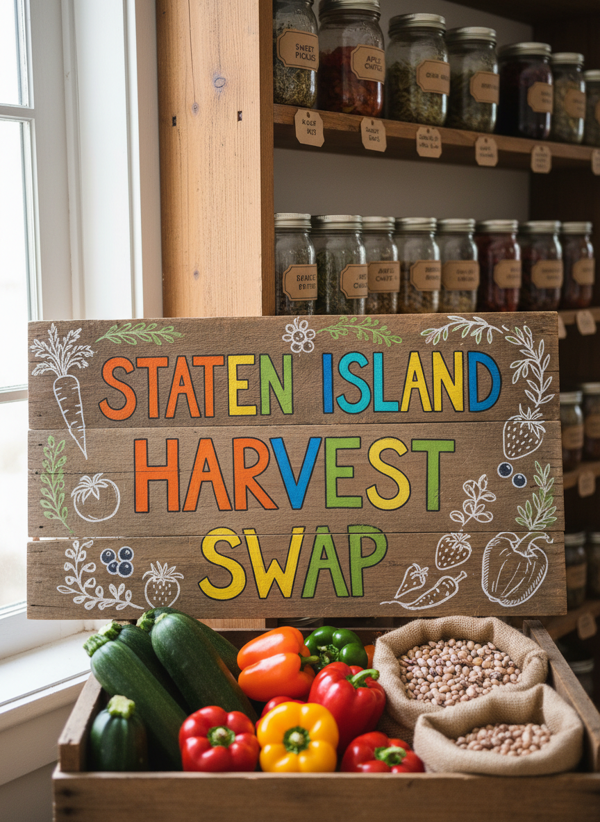 A close-up of a playful harvest swap display sign hand-painted on a reclaimed wooden board, reading “Staten Island Harvest Swap” in bright, uneven lettering, surrounded by doodled vegetables, berries, and leaves. The sign leans against a crate packed with homegrown zucchini, colorful peppers, and speckled heirloom beans spilling from burlap sacks. Behind it, blurred shelves hold neatly labeled mason jars of pickles, chutneys, and dried herbs. Soft, diffused daylight from a nearby window creates gentle reflections on the glass jars and a cozy glow on the wood grain. Shot from a slightly elevated angle in photographic realism, the composition follows the rule of thirds, with the sign dominant and the abundance of homemade goods framing it, evoking a playful, crafty, community-centered atmosphere.